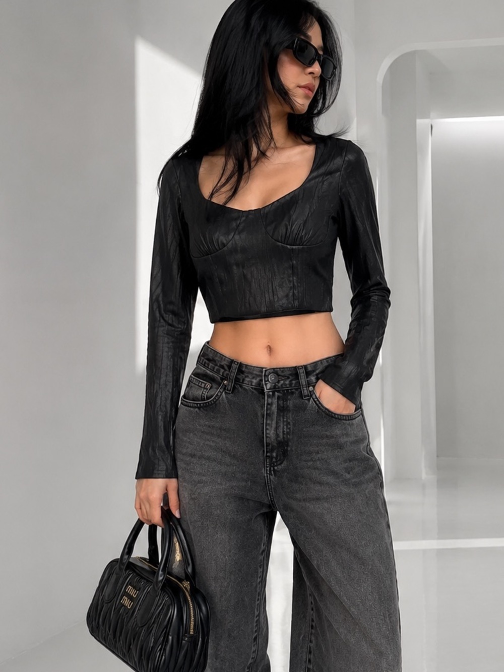 Zara Black Long Sleeve Crop Top Size S